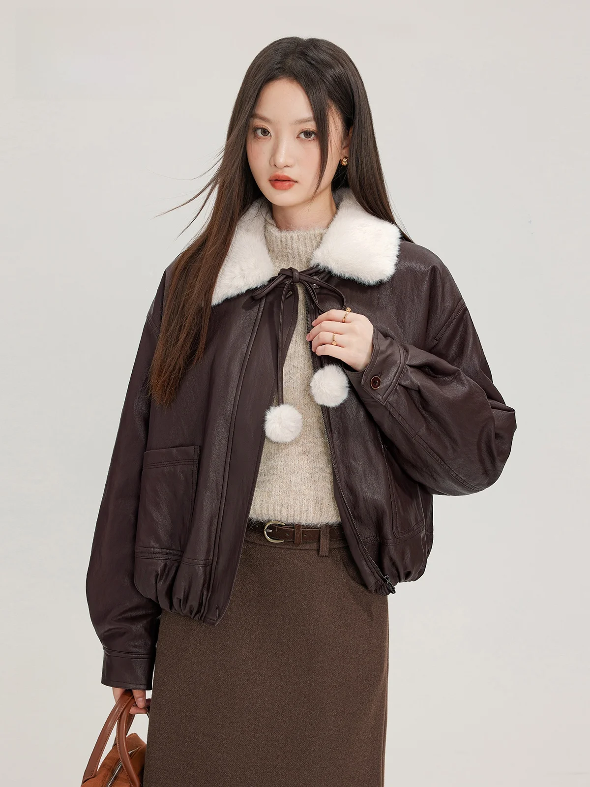 Zhang Doudou Maillard кофейного цвета кожаное пальто верхняя одежда женская осенне-зимняя