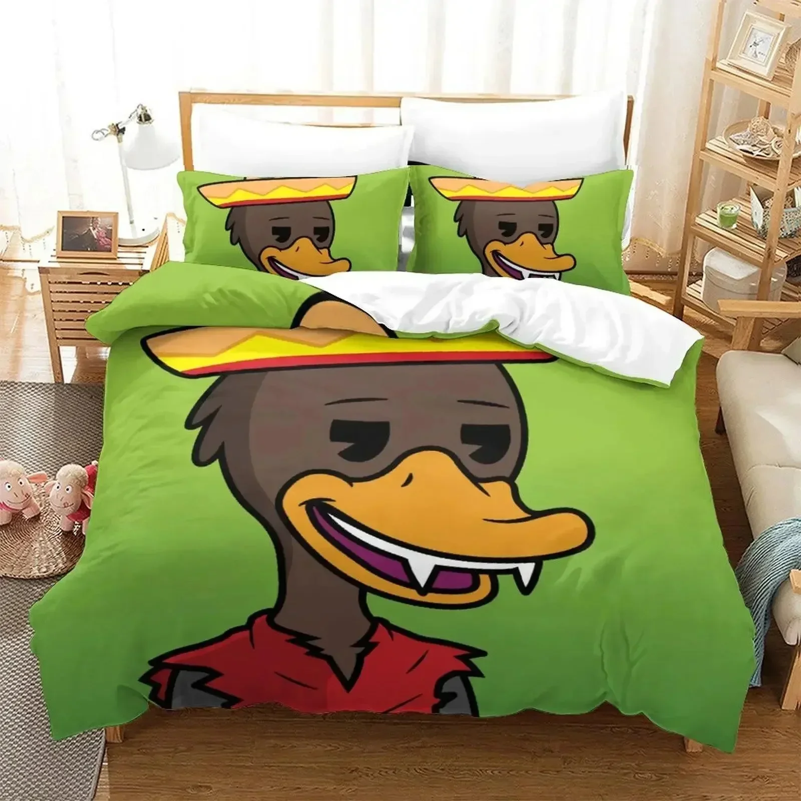 Комплект постельного белья с принтом «Аниме Quackity Duck» для взрослых: пододеяльник, наволочки, простыня, покрывало. Размеры: Full, Queen, King. (art.: 3920d4fcdeff9) - 3920d4fcdeff9