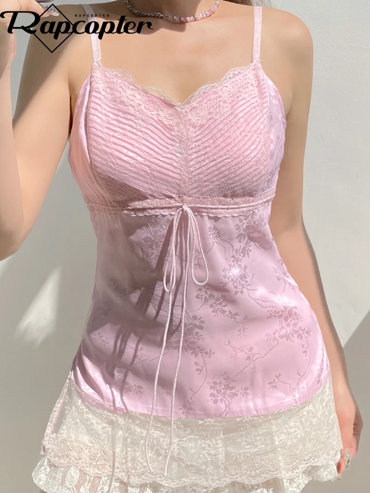 Rapcopter Y2K Floral Crop Top Pink Bow Cute Sweet Tank Tops Lace Trim V Neck Fairycore Mini Vest Aesthetic Women Party Tee Camis