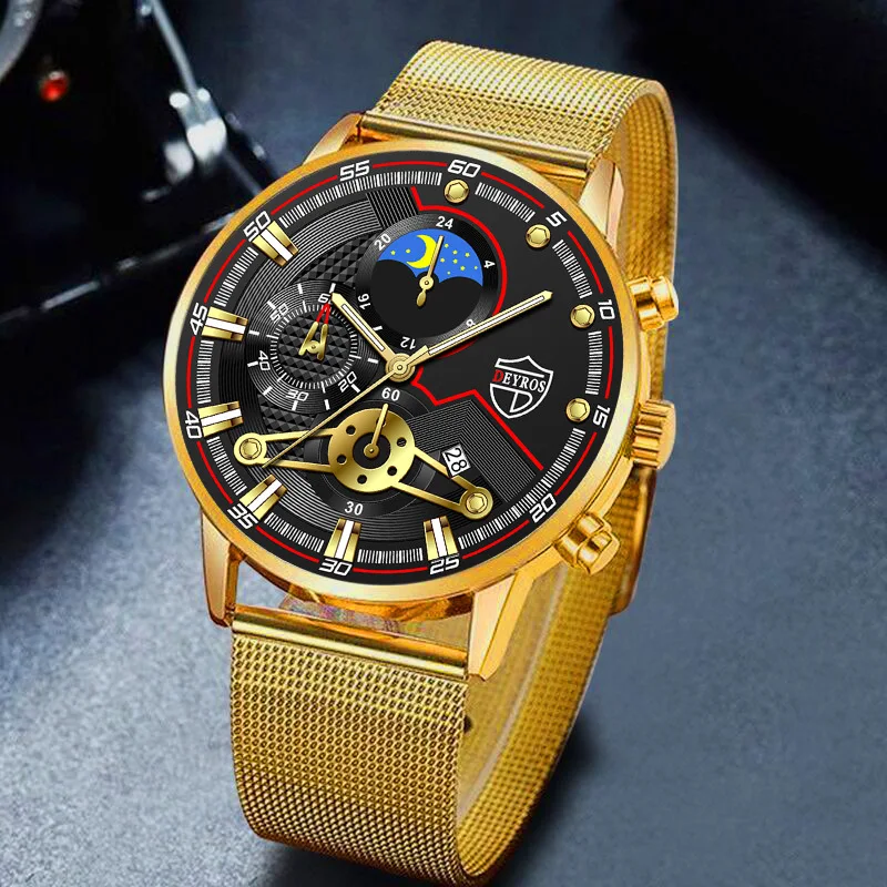 

Часы DEYROS 2023 Мужские кварцевые с сетчатым браслетом из нержавеющей стали, мужские Модные деловые часы с календарем, студенческие светящиеся часы