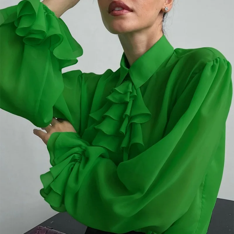 

Chiffon Blouse Women Loose Clothes Sweet Ruffles Tops Green Shirts 2023 Spring Autumn Fashion Long Sleeve Shirt Blusas 28669
