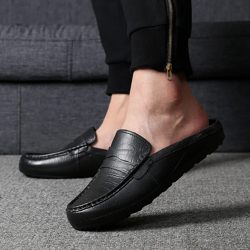 

Fashion Men Leather Slippers Outdoor Half Loafers Lightweight Half Shoes Breathable Mules for Man Summer Casual Sandals Slides