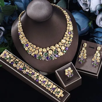 Zlxgirl jewelry Fashion Dubai Gold plated colorful CZ zircon bridal jewelry set necklace bracelet earring ring four pc free bag