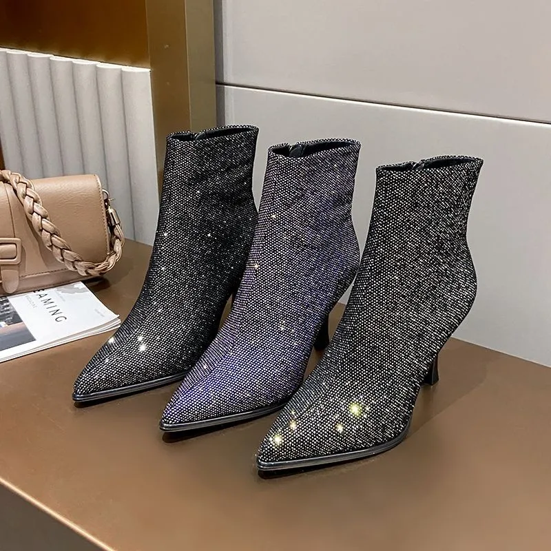 2024 Winter New Luxury Buling Sequins Brand Designer Womens Shoes Outdoor Walking Mountaineering Women's Stiletto Non-slip Boots
