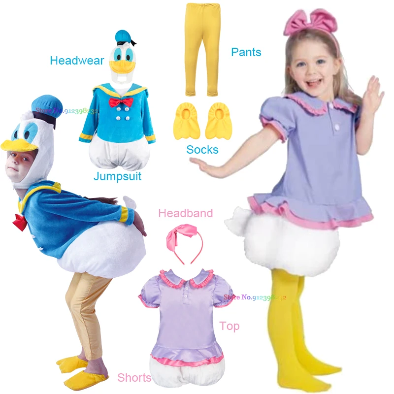 Boys Girls Anime Cartoon Duck Jumpsuit Mask Headwear Kids Carnival Party Halloween Cosplay Costume Role Playing Dress Up Outfit