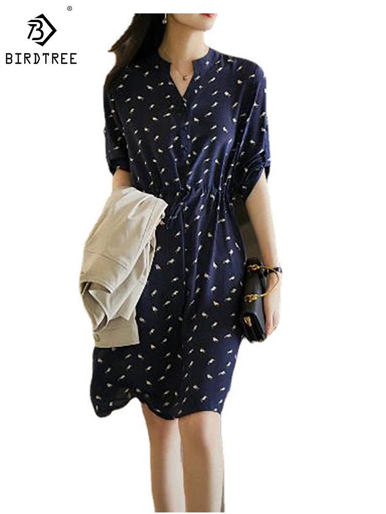 

Платье с принтом Birdtree, приталенное платье из 100% шелка тутового шелкопряда, плиссированное приталенное платье, элегантное платье со средней посадкой для женщин D38444FD