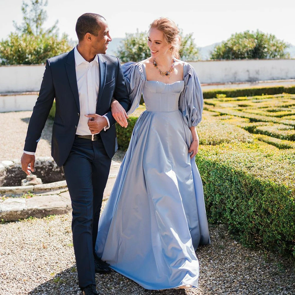 

Небесно-голубое атласное платье А-силуэта для выпускного вечера с длинными пышными рукавами сердечком вечернее платье 2022 вечернее платье бальное платье