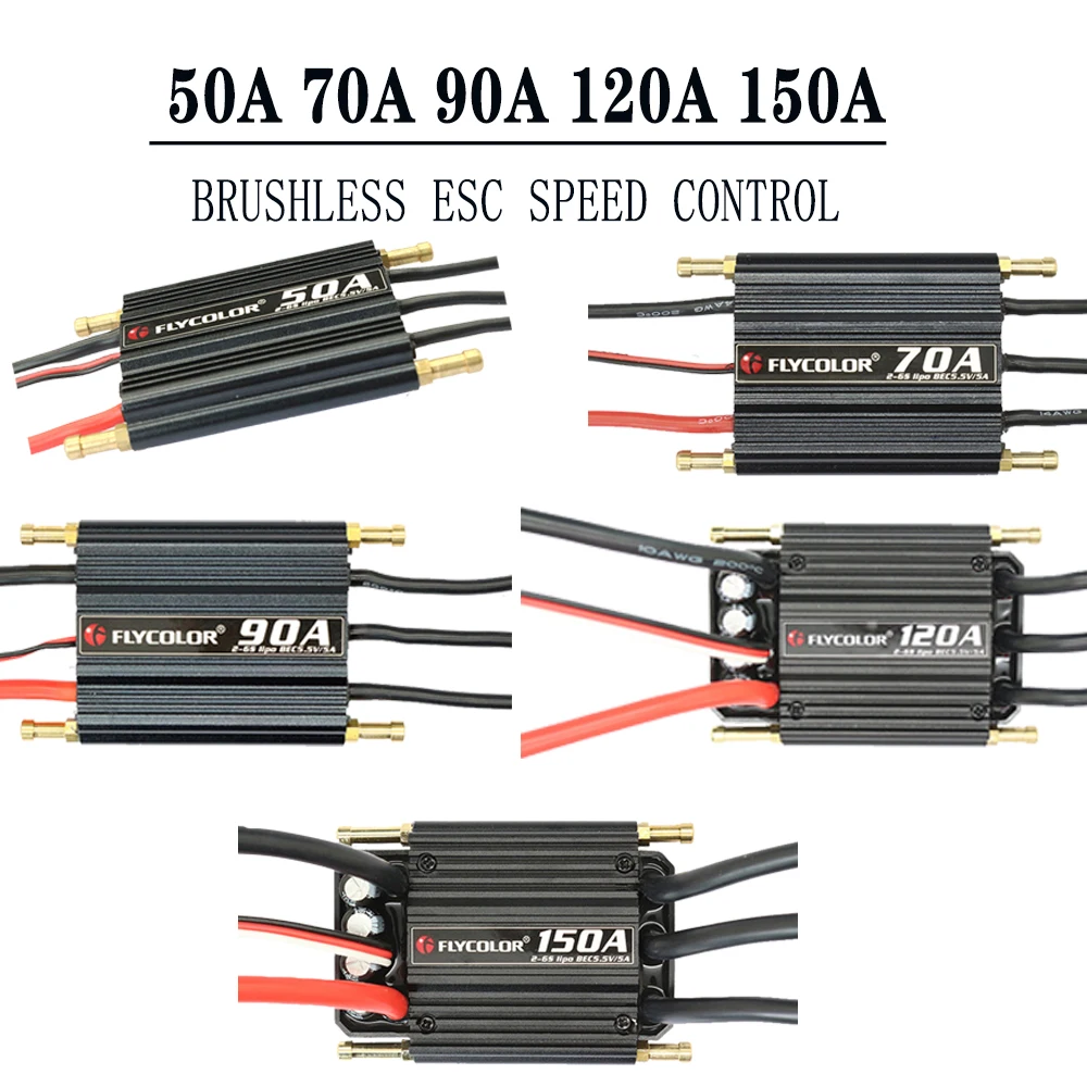 

Flycolor Speed Control Brushless ESC 50A 70A 90A 120A 150A Stand 2-6S Lipo BEC 5.5V/5A for RC Boat Model Parts F21267/71