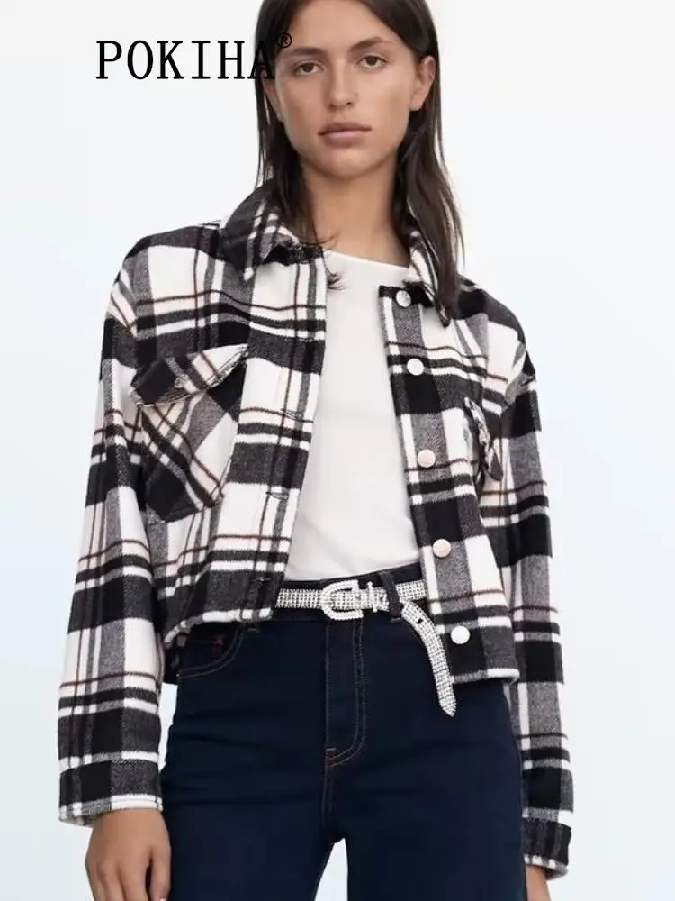 

Pokiha модная женская Новая повседневная клетчатая короткая куртка пальто Винтажная с длинным рукавом и карманами с передней пуговицей женская верхняя одежда шикарные топы