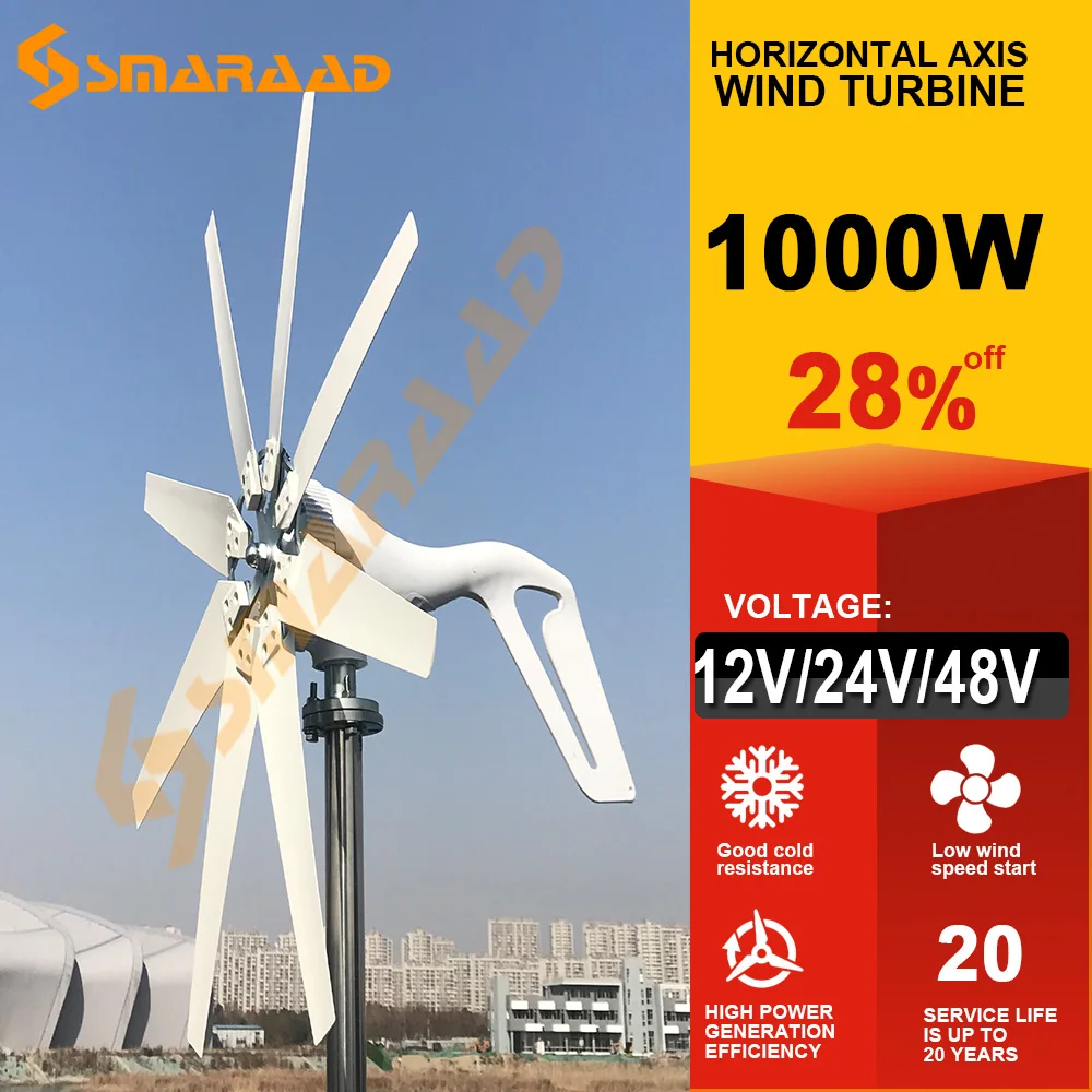 Moinho de Vento Livre da Energia dos Geradores de Energia 48v da Turbina Eólica de 1000w com Controlador de Mppt Alternativa Horizontal 12v 24v