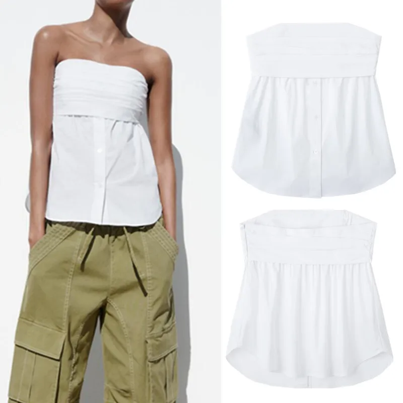 

COS LRIS summer new women's fashion simple white straight collar tube top slim elastic poplin top 4661/008