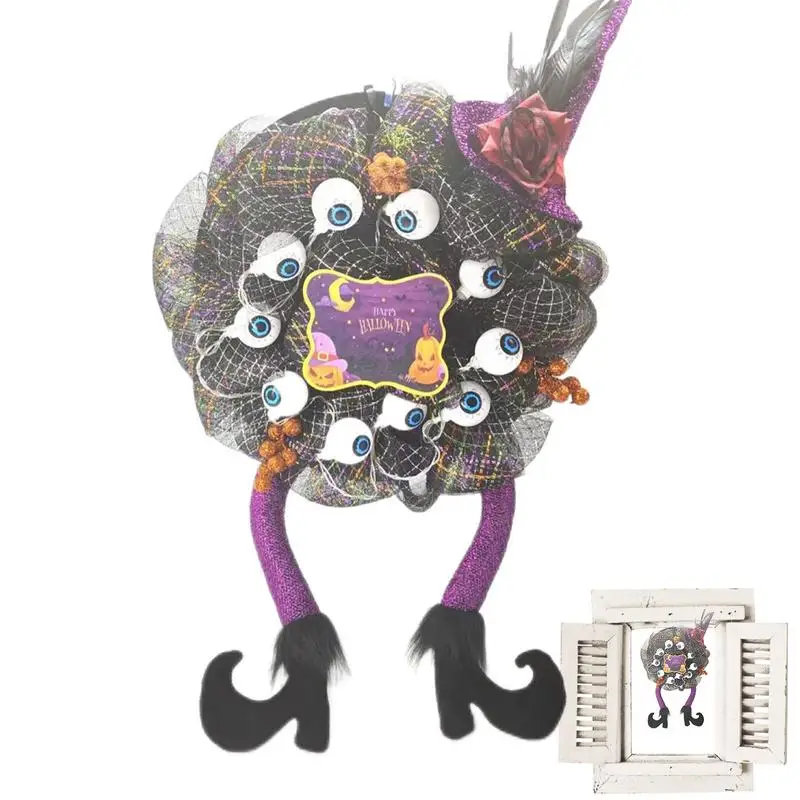

Halloween Door Wreath LED Creepy Halloween Wreath With Witch Hat Leg Halloween Spooky Decor For Wall Window Living Room
