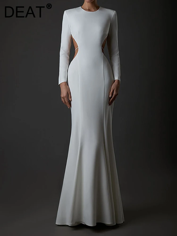 

Женское вечернее платье [DEAT], черное облегающее платье с круглым вырезом, длинным рукавом и открытой спиной, однотонного цвета, с поясом, 13 db1605, лето 2023