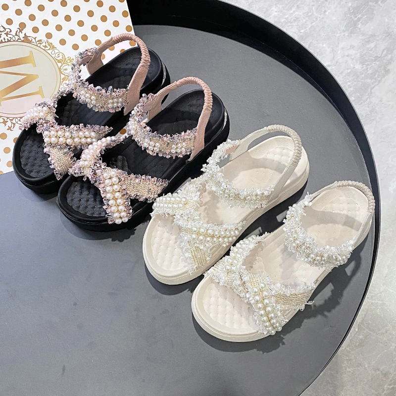 

2022 Summer Casual Women Sandals Fashion Boho Beach Shoes Female Platform Beaded Cross Strap Soft and Comfortable Women's Shoes