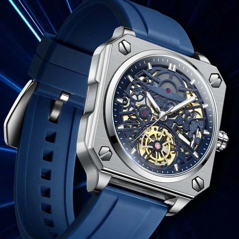 BINBOND H1133 Мужские Механические Часы С Автоматическим Стальным Ремешком Скелетон