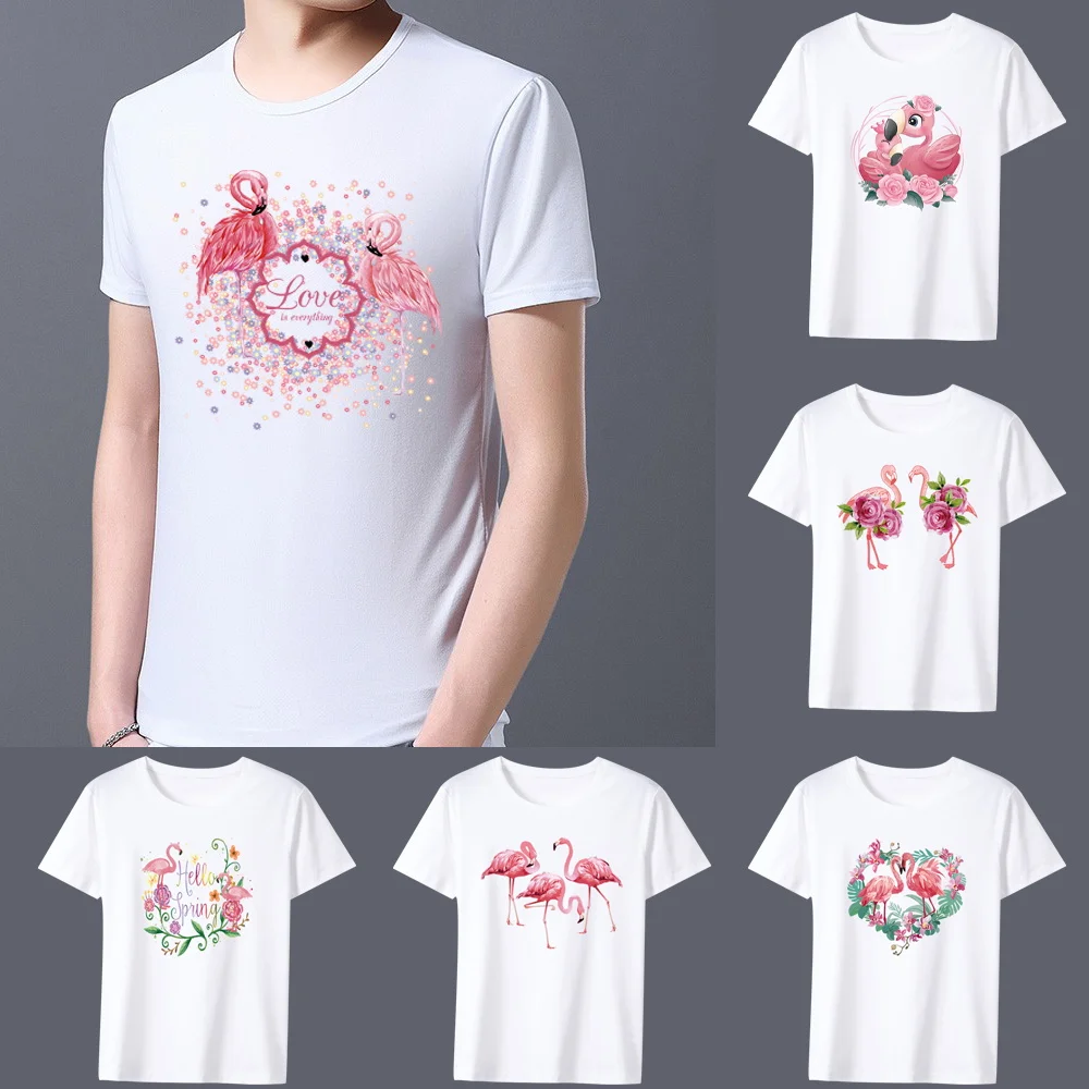 

Men's T-shirt Basic Print Short Sleeve Anime Top Flamingo Series Casual White O-neck Youth Men's Commuter Comfortable Shirt