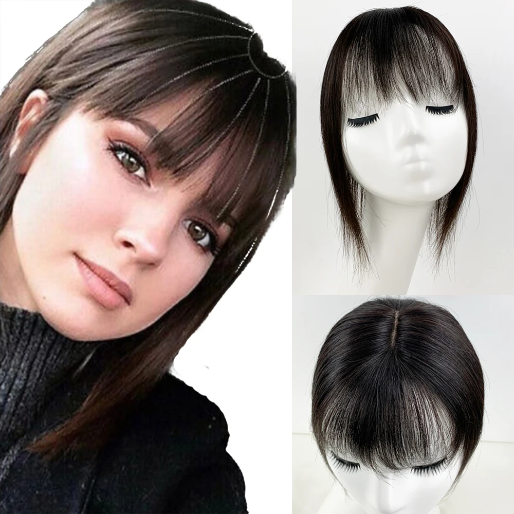 8X12CM Injected Skin Base Topper with Air Bangs Remy Human Hair 10inch Natural Skin Scalp 4D Fringe for Women Hide White Hair