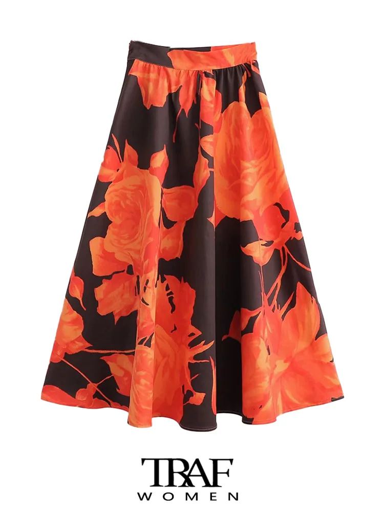 

TRAF Women Fashion Floral Print Midi Skirt Vintage High Waist Side Zipper Female Skirts Mujer