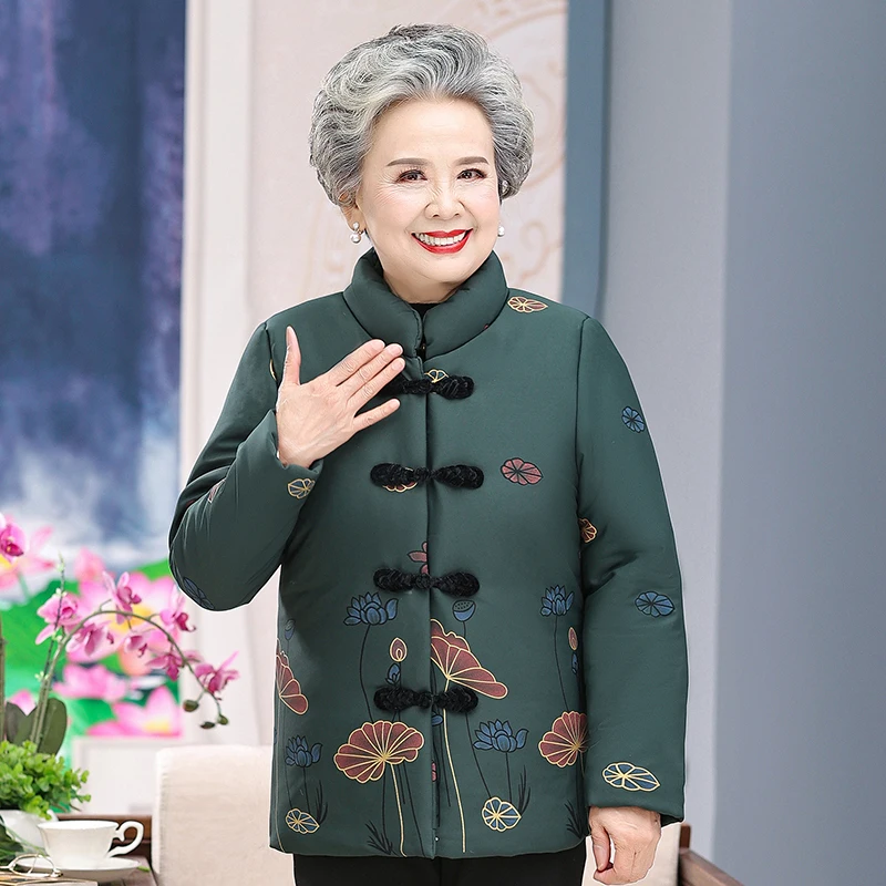 Grandma Winter Jacket Women Plus Velvet Printing Cotton Padded Coat Thicken Short Lamb Jacket Middle-aged Female