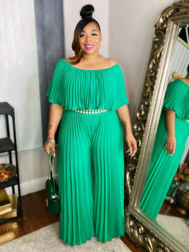 Women Pleated Jumpsuit Loose Solid Color Summer Casual  Monos Mujer Elegante Green Big Size Wide Leg O Neck Rompers 2022 new