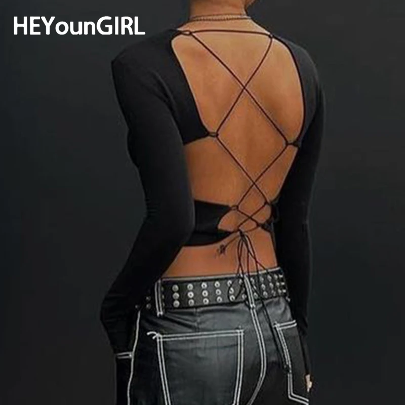 

Женский укороченный топ HEYounGIRL с открытой спиной и шнуровкой, базовая футболка с длинным рукавом и круглым вырезом, осенние черные футболки, клубная одежда