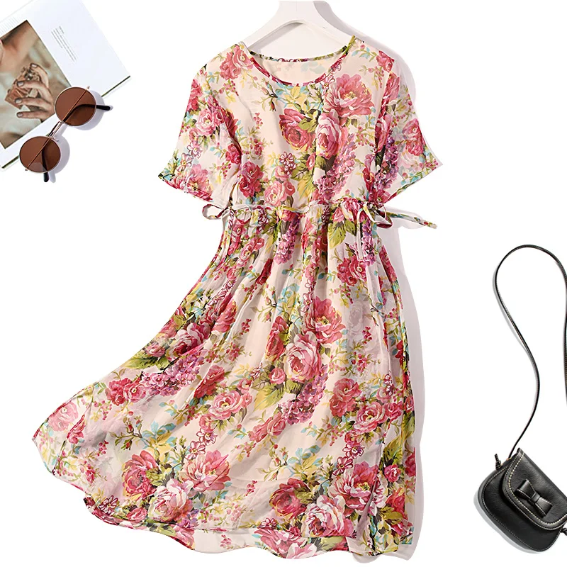 

Women 100% Mulberry Silk with lining Short Sleeve crew neck flowers printed belted waist Long Midi Dress 8025