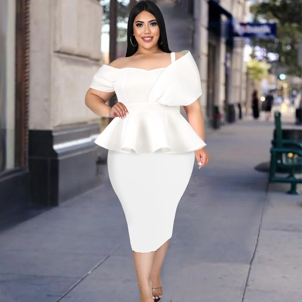 

Plus Size Dresses For Women Large Fat Ladies Strapless Suspender Dress Sleeve Ruffle Hem Party Hip Wrap Skirt Two Piece Set
