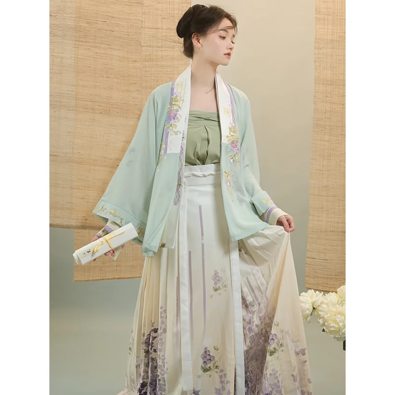 

4PC 2 Colors Song Dynasty Hanfu Dress Set Purple Green Flower Theme Quietly Elegent Women Horse Face Skirt Big Sleeve Suit