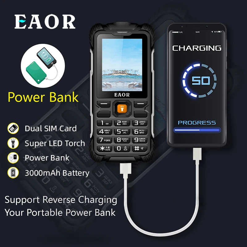 

EAOR Power Bank Rugged Phone IP68 Waterproof Keypad Phones 3000mAh Big Battery 2G Dual SIM Feature Phone Push-button Phones