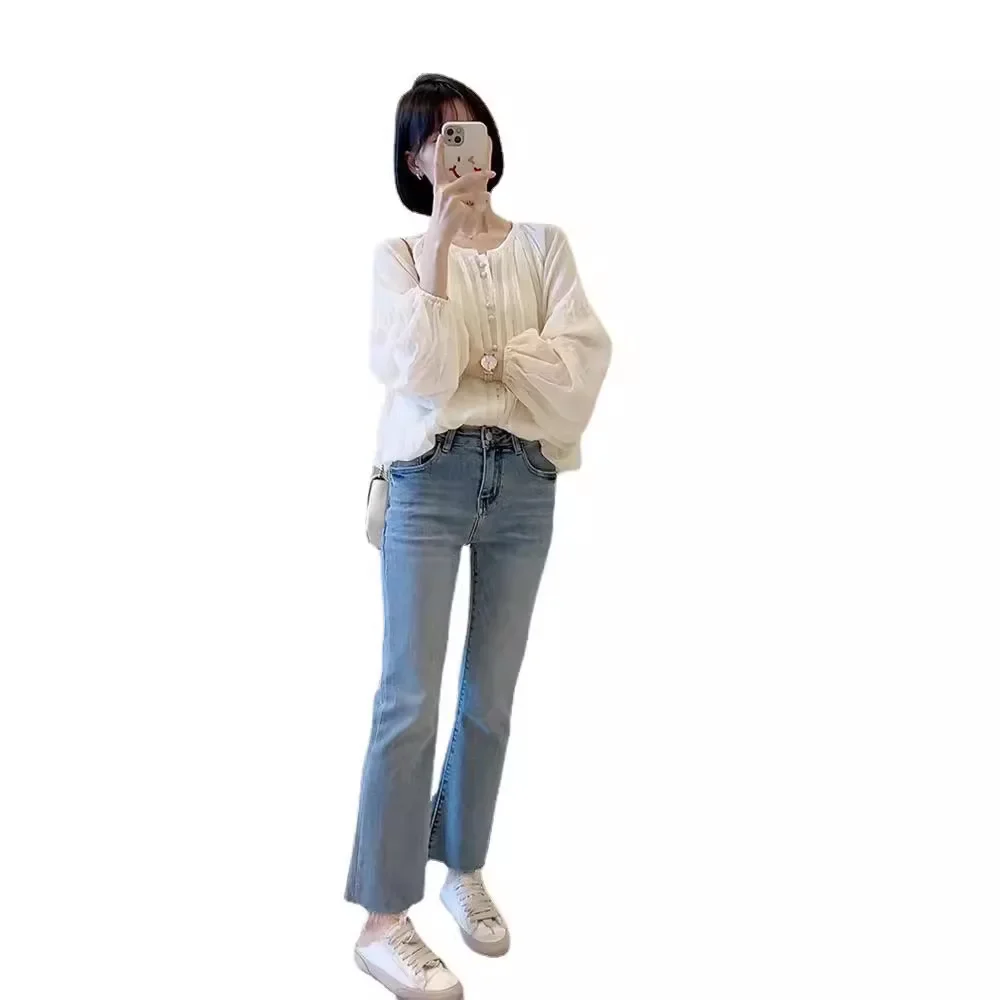 Ранняя весна ChicTopLoose-FitSweetКруглый вырез Красивая рубашка Французский стиль