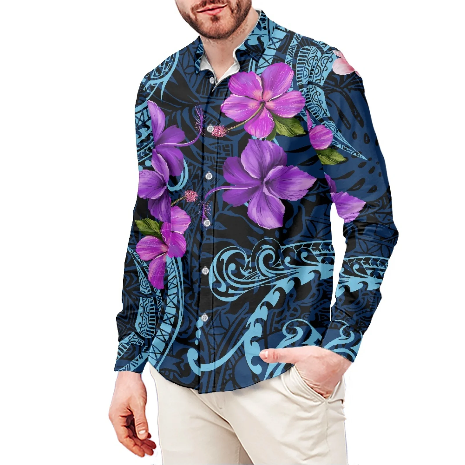 Purple Hibiscus Print Polynesian Hawaiian Casual Sport Style Men's Shirt Stand-Up Collar 6XL Slim Long Sleeve Men's Shirt Winter