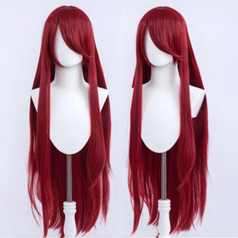 

High Quality Uzumaki Kushina Cosplay Wig 100cm Long Wine Red Full Bangs Heat Resistant Synthetic Hair Wigs + Wig Cap