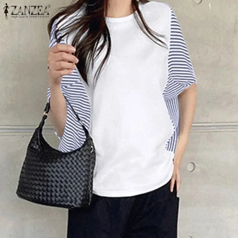 

ZANZEA Striped Printed Chemise 2022 Summer Patchwork Blouse Women Casual Half Sleeve O Neck Shirt Vocation Blusas Mujer Oversize