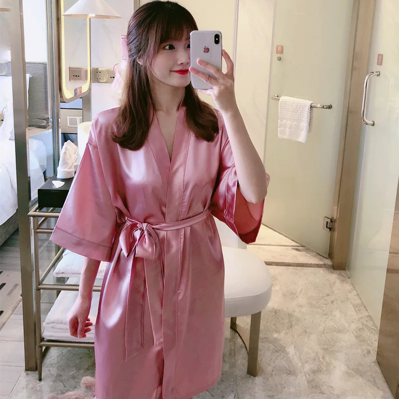 Pajamas women's summer new white sexy ice silk loose bathrobe satin simulation silk nightgown home service