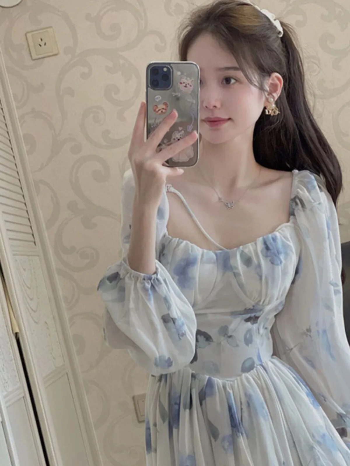 Summer Floral Skirt 2023 New Square Collar Gentle Sle Temperament Fairy HANAJIRUI Dress High Sense Long sleeve Skirts