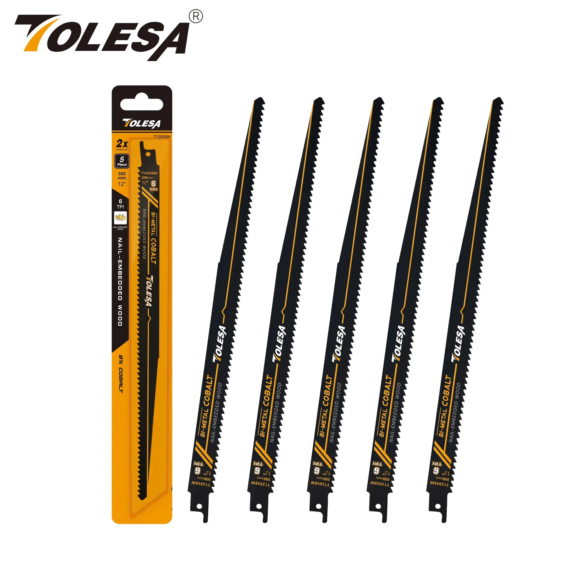 TOLESA 5PCS Reciprocating Saw Blades for Wood Window Door Demolition and Construction Bi-Metal with Cobalt Sharp Cutting 6TPI