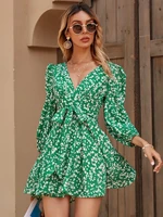 floral puff sleeve belted dress