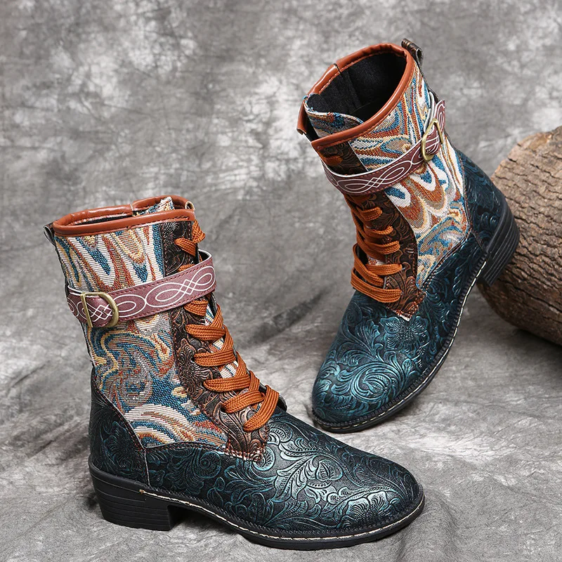 Europe Bohemian National Style Women Boots Print Lace-up Boots Women's 35-43 Size Fashion Ankle Boots Female New