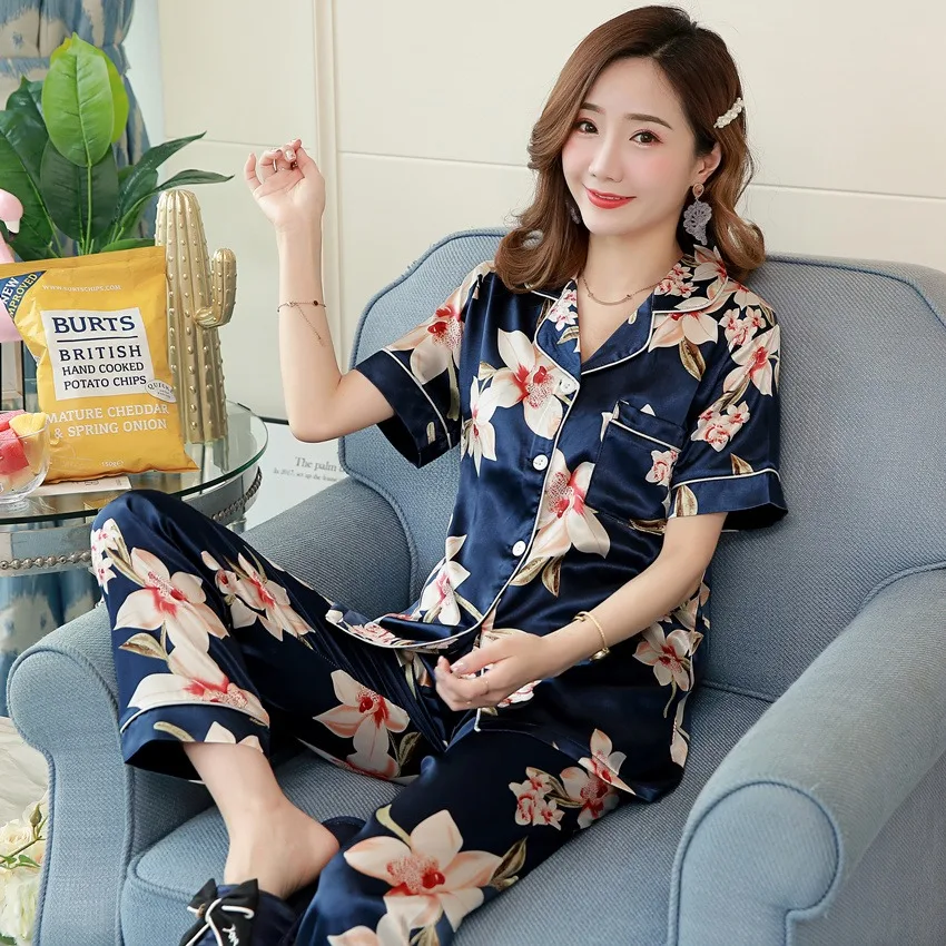 Large size pajamas women's summer simulation silk thin printing short-sleeved trousers Korean women's home wear spring M-5XL