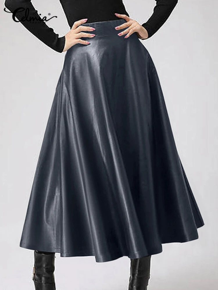 

Celmia Fashion OL Skirt 2023 Autumn Women Midi Skirt Streetwear Casual Loose Elegant PU Leather A-line High Waist Long Jupes