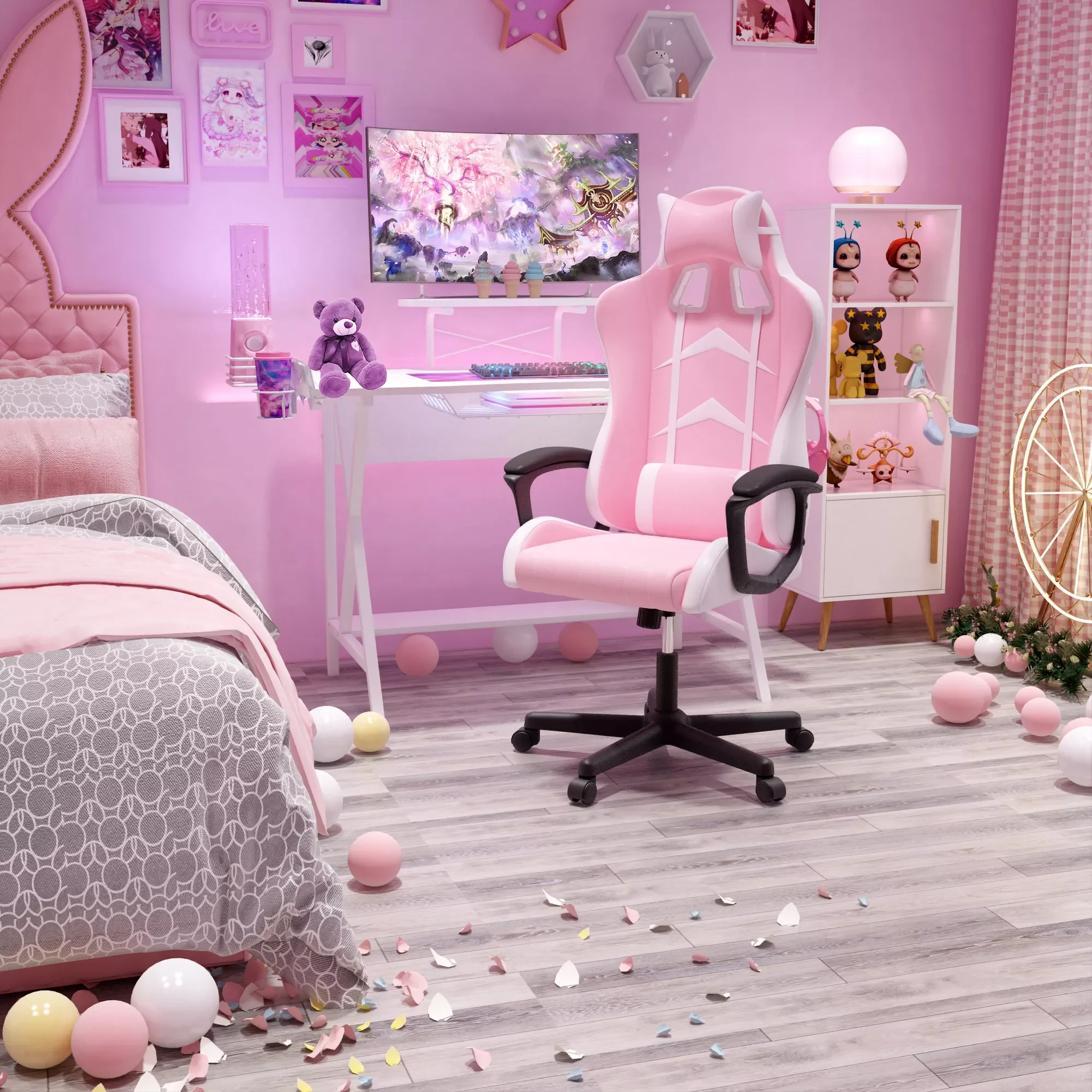 

Игровой стул в форме сердца, эргономичное офисное гоночное кресло с высокой спинкой для офиса и дома, розовое