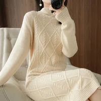 100%Wool/Cashmere Dress Women' New Half Turtleneck Cable Knit Pullover Winter Large size Sweater Warm Over Knee Long Skirt Thick