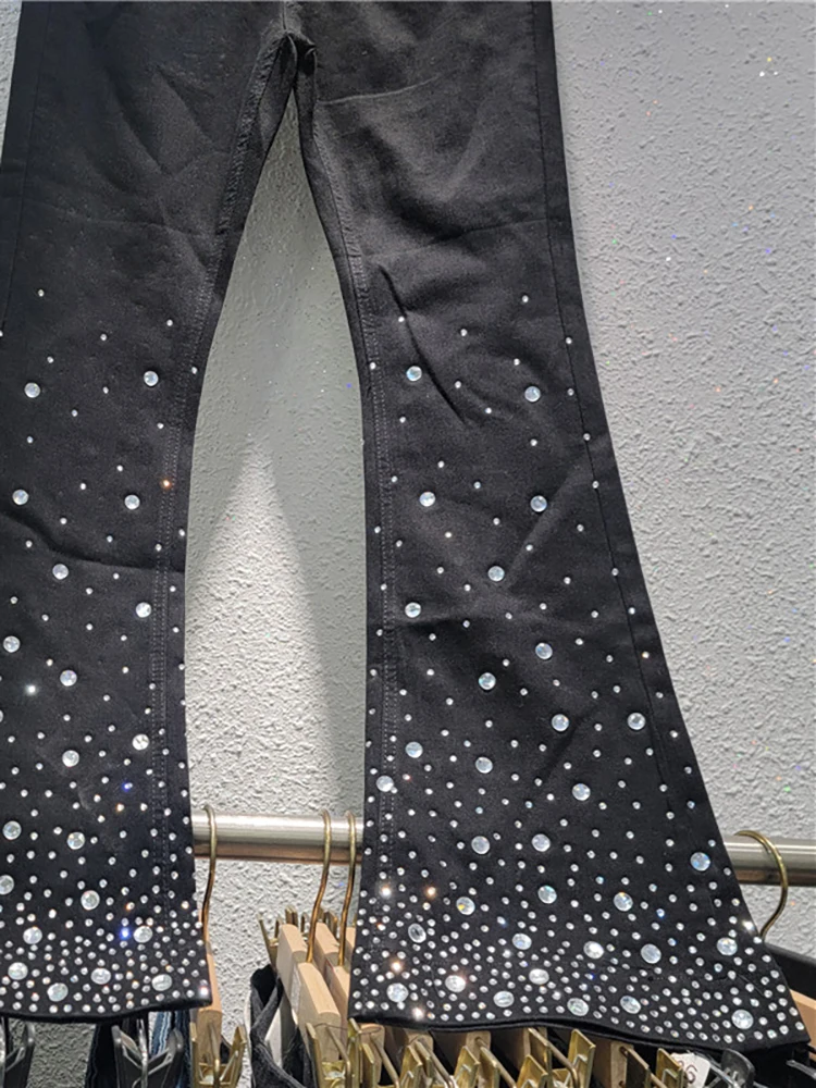 DEAT женские джинсы с высокой талией тонкие эластичные брюки-клеш со стразами