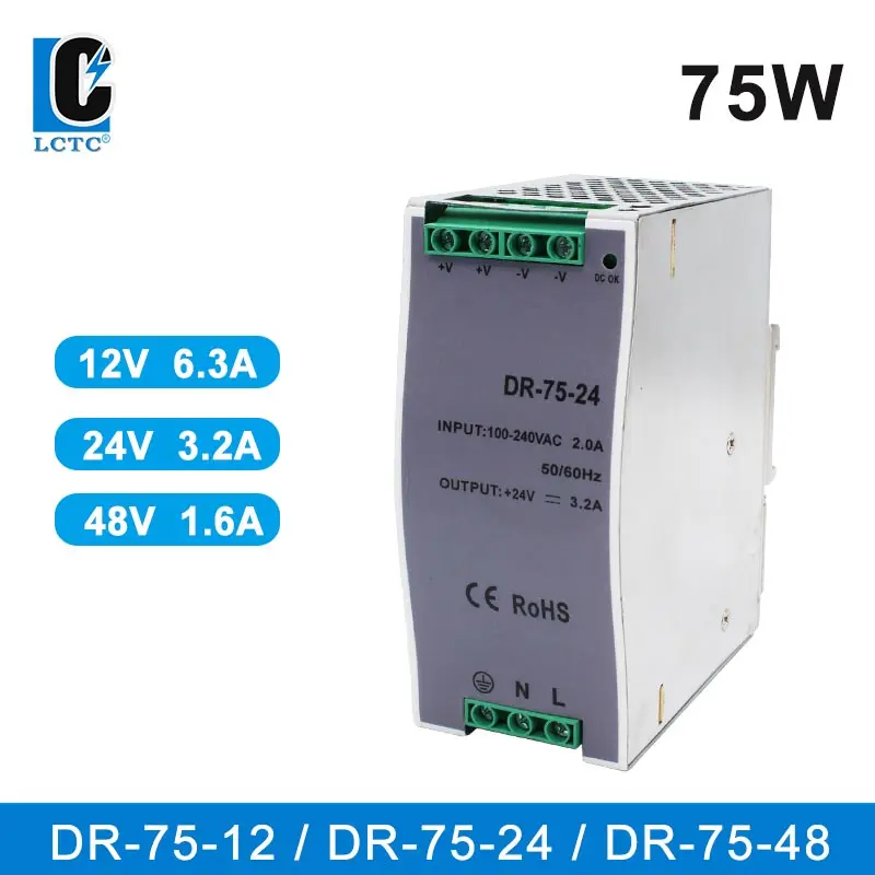 

Rail Type DC 75W Transformer DR Switching Power Supply 12V 6.3A 24V 3.2A 48V 1.6A Dc Bancada Fonte