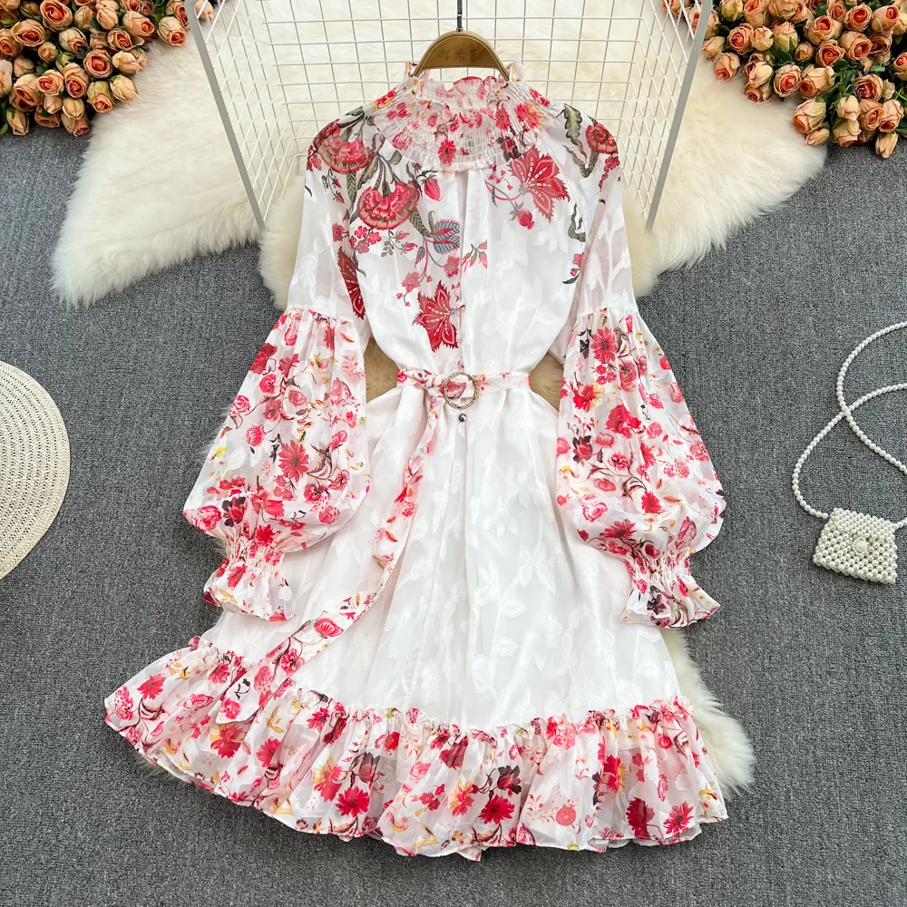 

Женское Плиссированное Платье-рубашка, винтажное короткое платье с длинным рукавом-фонариком, цветочным принтом и юбкой годе, лето-осень 2022