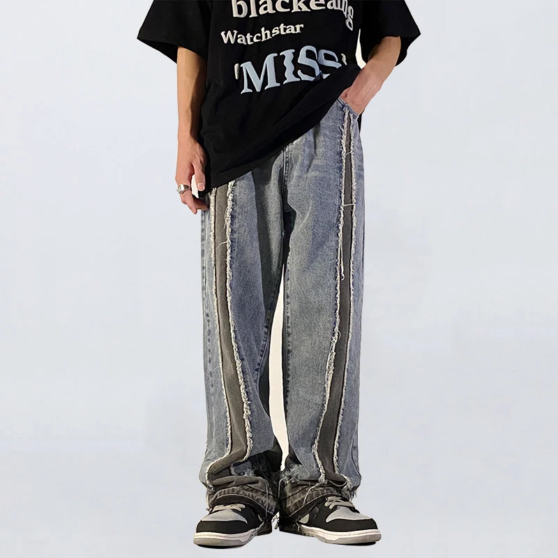 Four Seasons Men's Jeans High Street Stitching Raw Edge Jeans Men's American Retro Loose Straight Jeans Y2k Pants Ins Hot Sale