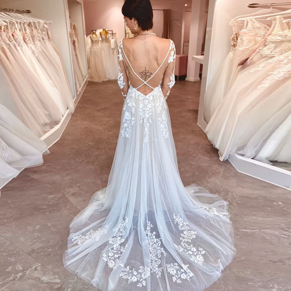 

Женское свадебное платье из фатина, элегантное платье с длинным рукавом и V-образным вырезом, с аппликацией и открытой спиной, модель 2022