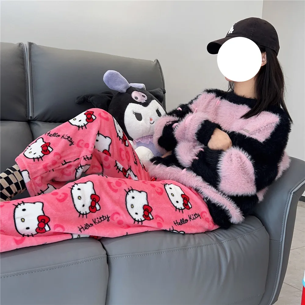 

Sanrio Hello Kitty Pajamas Flannel Women Kawaii Anime Wool Black and White Cartoon Float Home Pants Fall Fashion Pants 2023