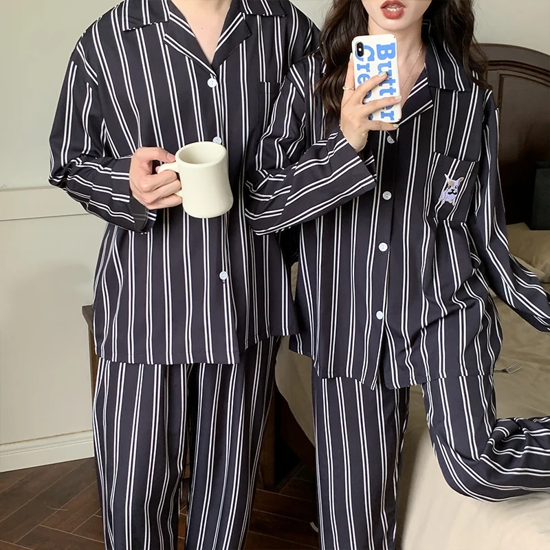 CAIYIER Sweet Couple Pajamas Set Stripe Cute Dog Print Lovers Sleepwear Women & Men Winter Nightwear Korean Christmas Loungewear