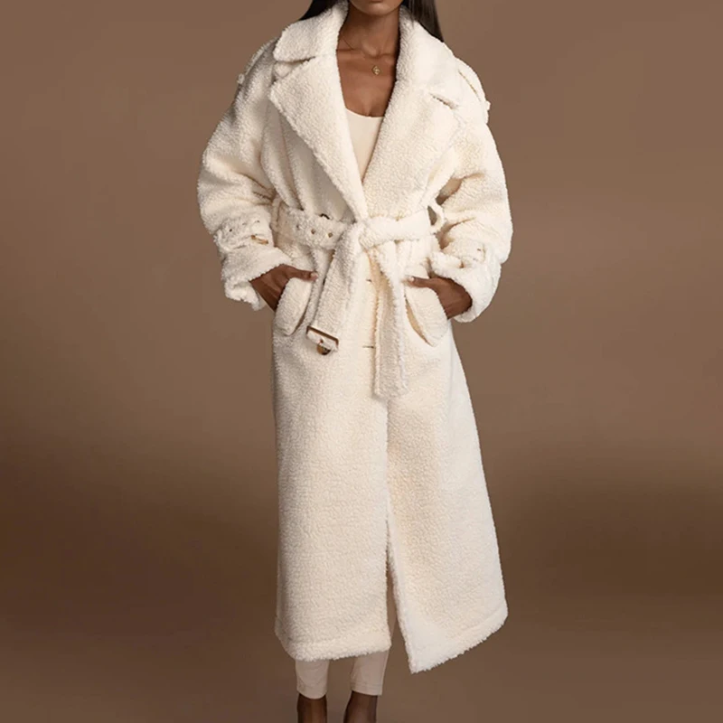 

Winter Thicken Lambswool Women Long Coats Fashion Warm Pocket Woolen Overcoats 2022 Commute Lapel Double-Breasted Lady Outerwear